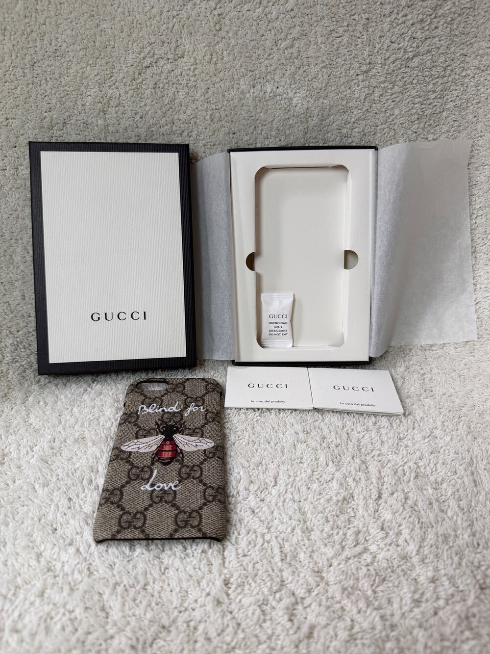 Gucci GG Supreme Bee Blind For Love iPhone Case Monogram Open Box and Papers